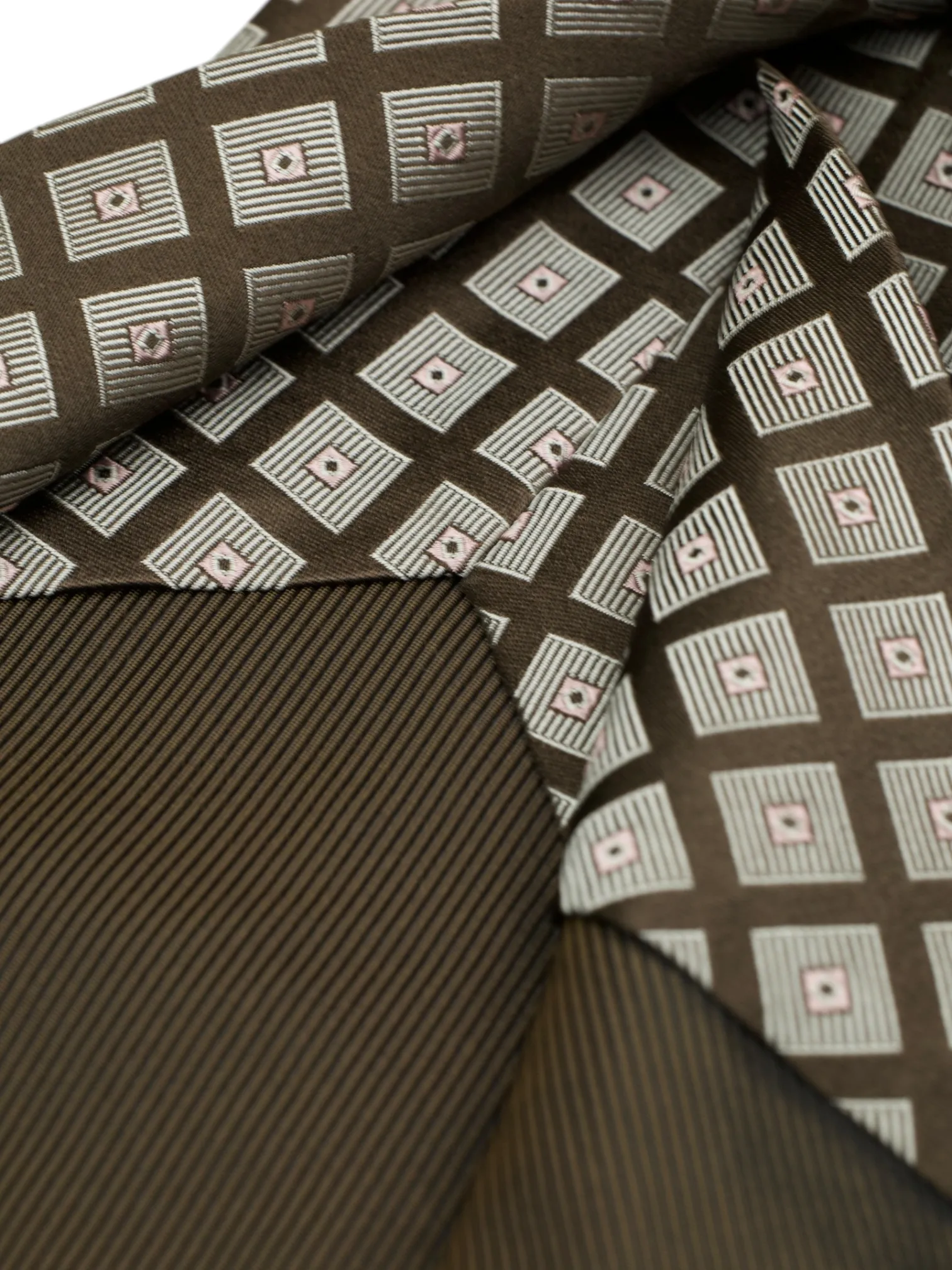Kiton 5-Fold Dark Brown & Taupe Silk Square Pattern Tie
