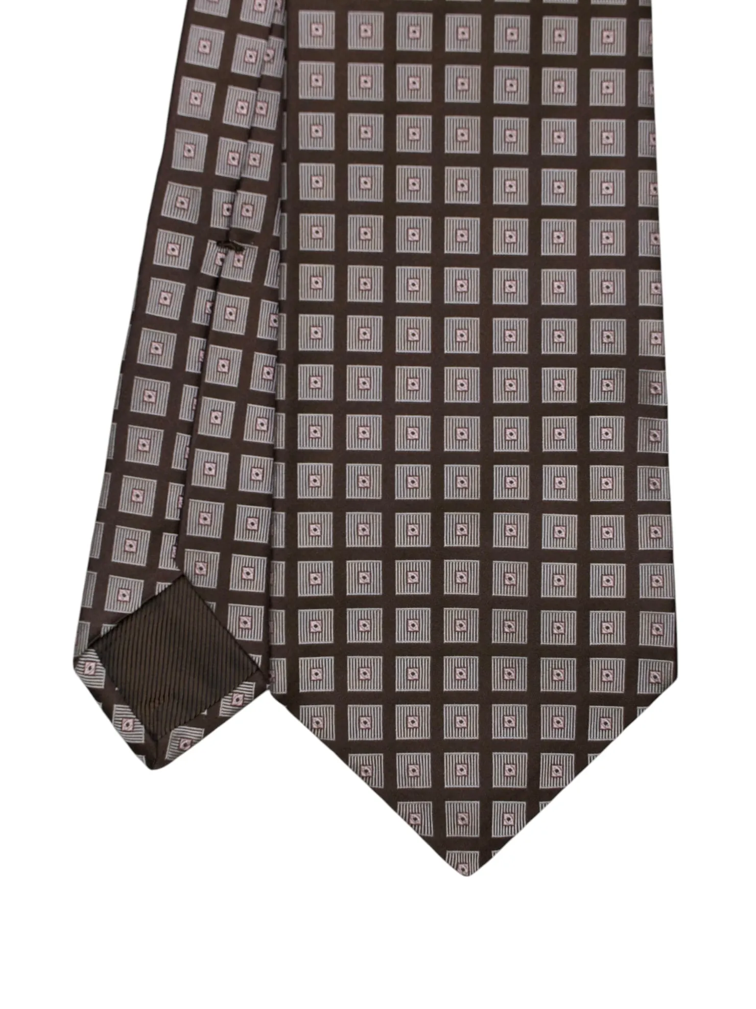 Kiton 5-Fold Dark Brown & Taupe Silk Square Pattern Tie