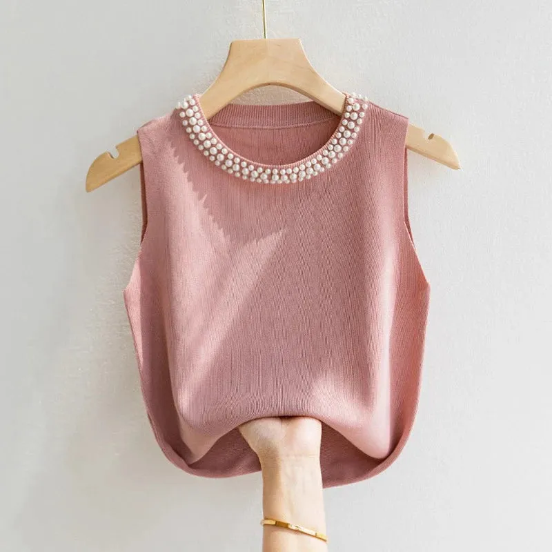 Korea Knitted Vests Women Top Solid Tank Blusas Mujer De Moda Summer New Fashion Female Sleeveless Beading Casual Thin Tops