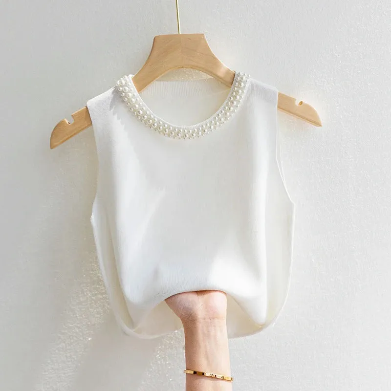 Korea Knitted Vests Women Top Solid Tank Blusas Mujer De Moda Summer New Fashion Female Sleeveless Beading Casual Thin Tops