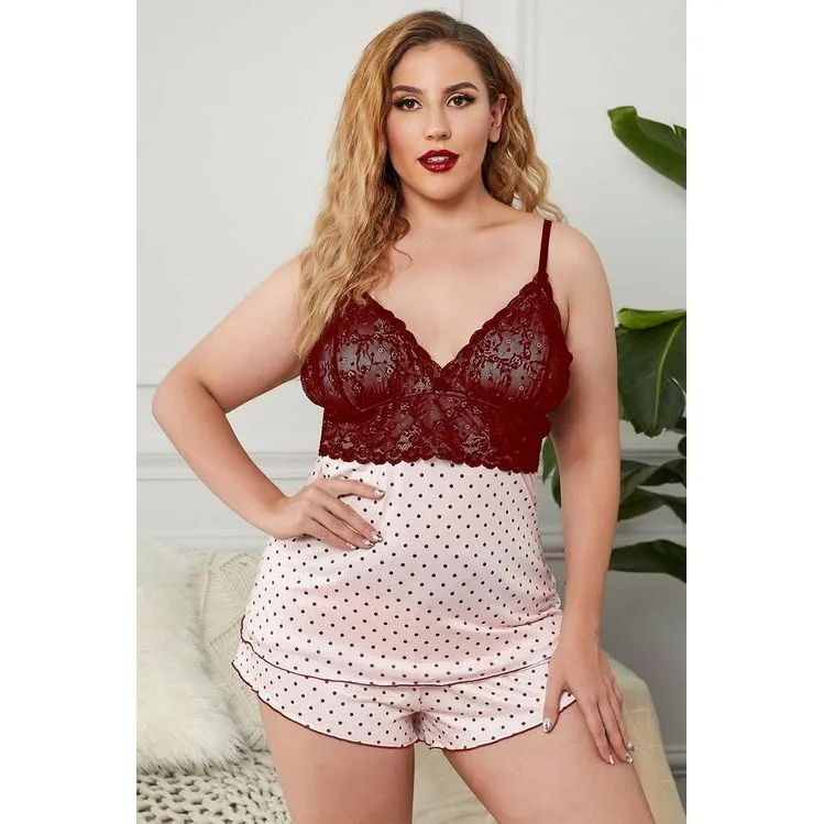 Lace Splicing Polka Dot Tank Top and Shorts Pajamas Set-plus size