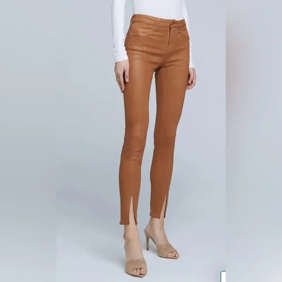 L’Agence Jyothi High Waist Split Ankle Cognac Coated Skinny Jeans