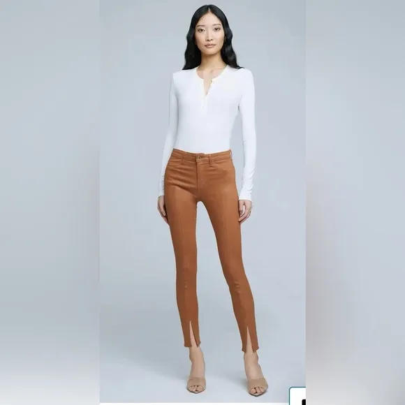 L’Agence Jyothi High Waist Split Ankle Cognac Coated Skinny Jeans