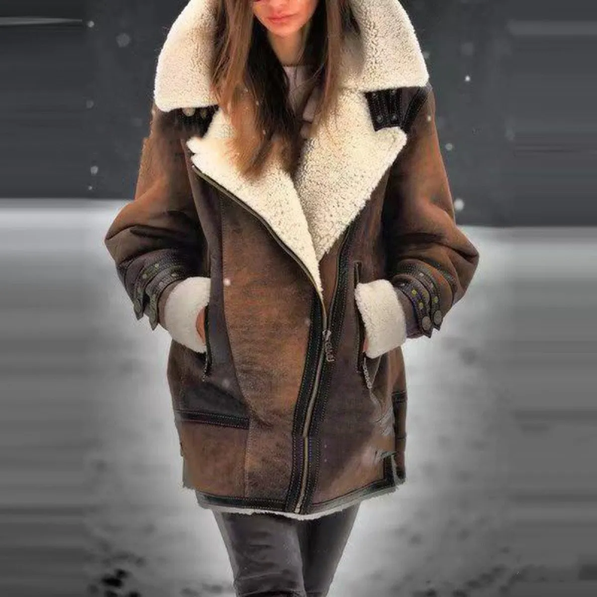 Leather Aviator Women's Jacket - Brown Leather with Fleece Lining and Collar