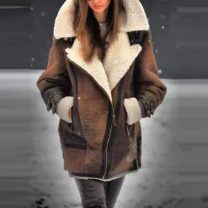 Leather Aviator Women's Jacket - Brown Leather with Fleece Lining and Collar