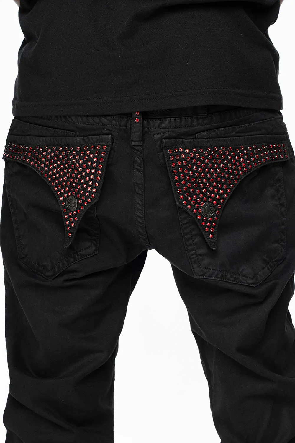 LONG FLAP SLIM FIT MENS JEANS WITH RED CRYSTALS  IN ANTIQUE BLACK