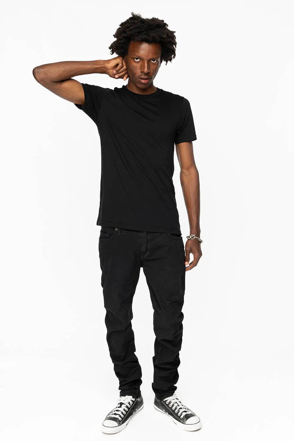 LONG FLAP SLIM FIT MENS JEANS WITH RED CRYSTALS  IN ANTIQUE BLACK