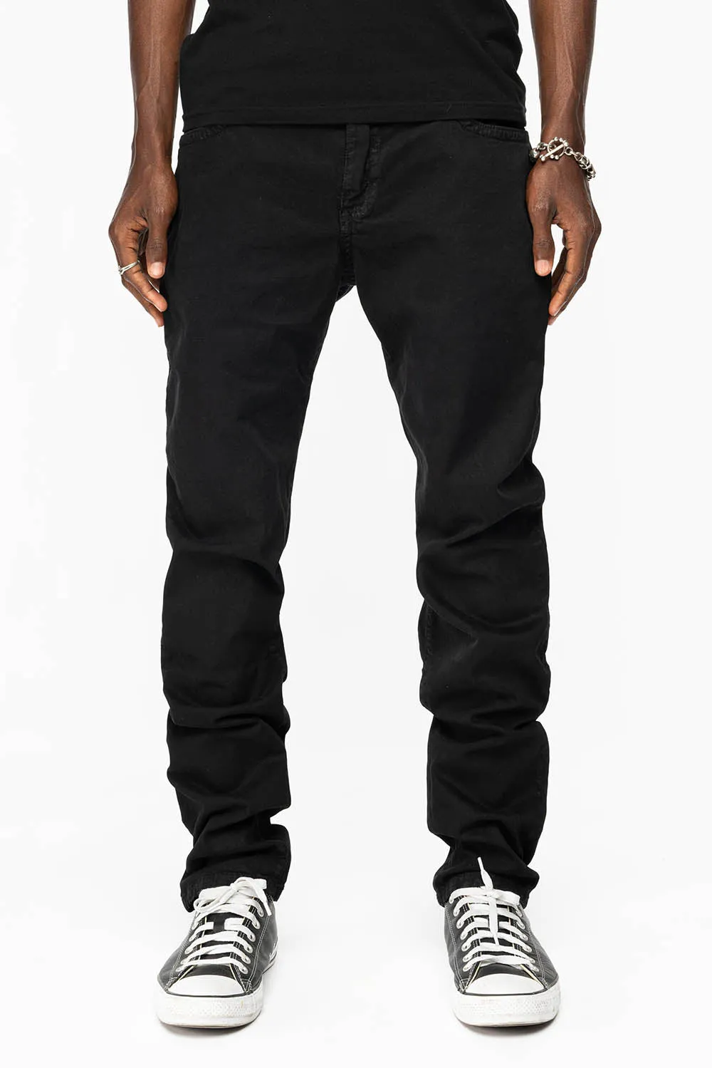 LONG FLAP SLIM FIT MENS JEANS WITH RED CRYSTALS  IN ANTIQUE BLACK