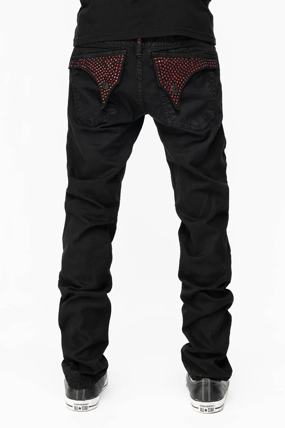 LONG FLAP SLIM FIT MENS JEANS WITH RED CRYSTALS  IN ANTIQUE BLACK