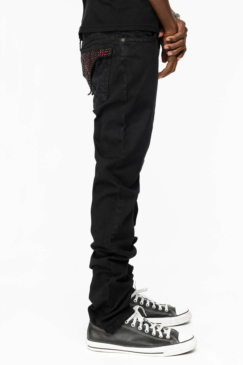 LONG FLAP SLIM FIT MENS JEANS WITH RED CRYSTALS  IN ANTIQUE BLACK