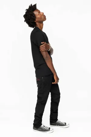 LONG FLAP SLIM FIT MENS JEANS WITH RED CRYSTALS  IN ANTIQUE BLACK