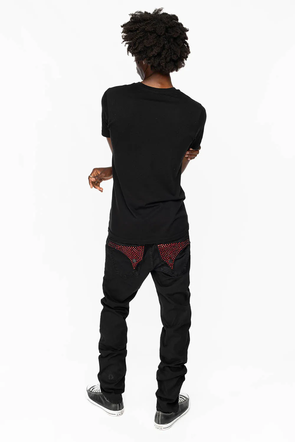 LONG FLAP SLIM FIT MENS JEANS WITH RED CRYSTALS  IN ANTIQUE BLACK