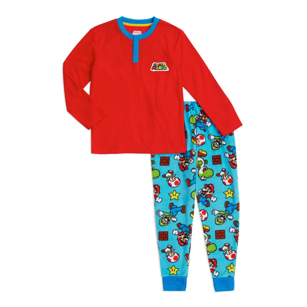 Mario Boys Pajama Set, Long Sleeve Henley PJ's, 2-Piece Sleep Set, 4-12