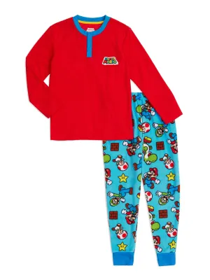 Mario Boys Pajama Set, Long Sleeve Henley PJ's, 2-Piece Sleep Set, 4-12