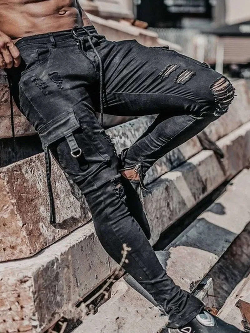 Men Jeans Drawstring High Waist  Jean