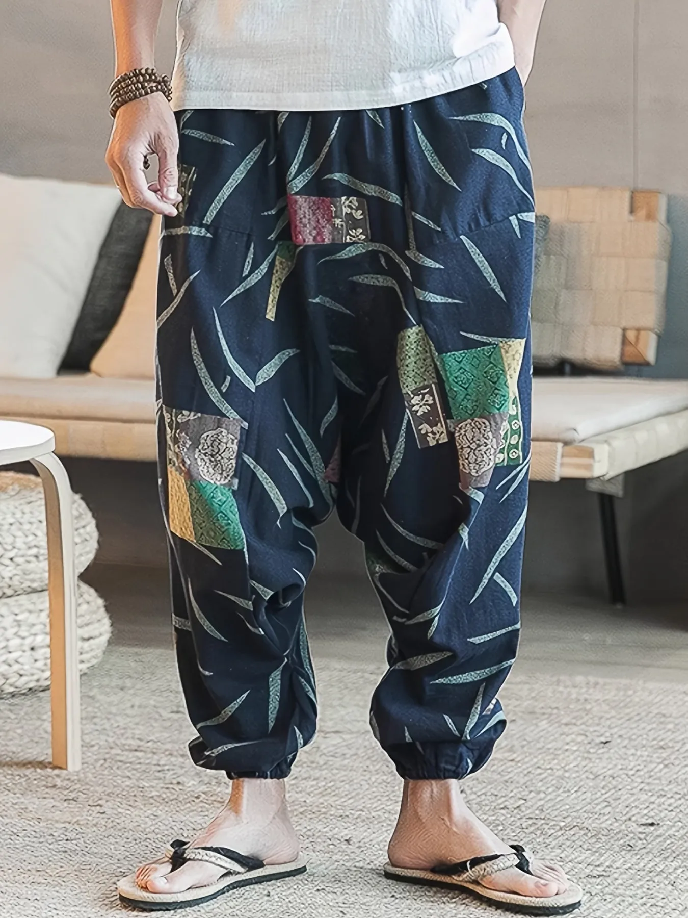 Mens 100% Cotton Casual Pants - Vibrant Fan Print, Comfort-Fit with Pockets for Urban Strolls & Outdoor Fun