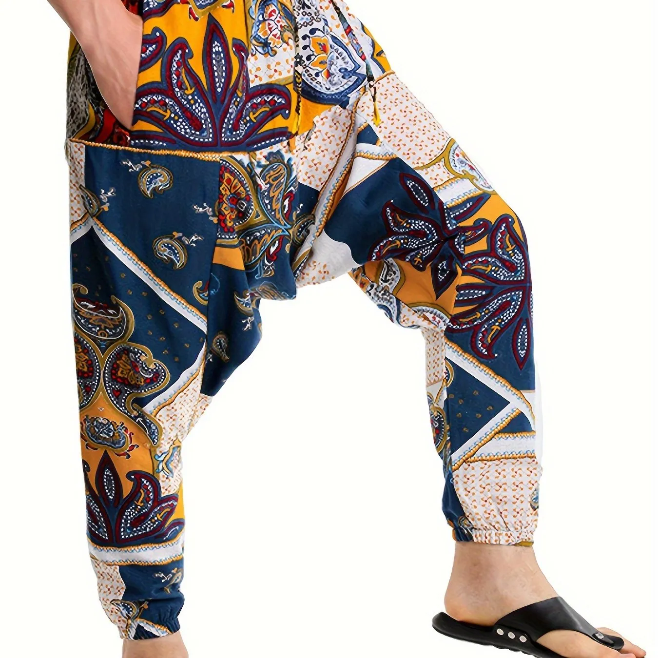 Mens 100% Cotton Casual Pants - Vibrant Fan Print, Comfort-Fit with Pockets for Urban Strolls & Outdoor Fun