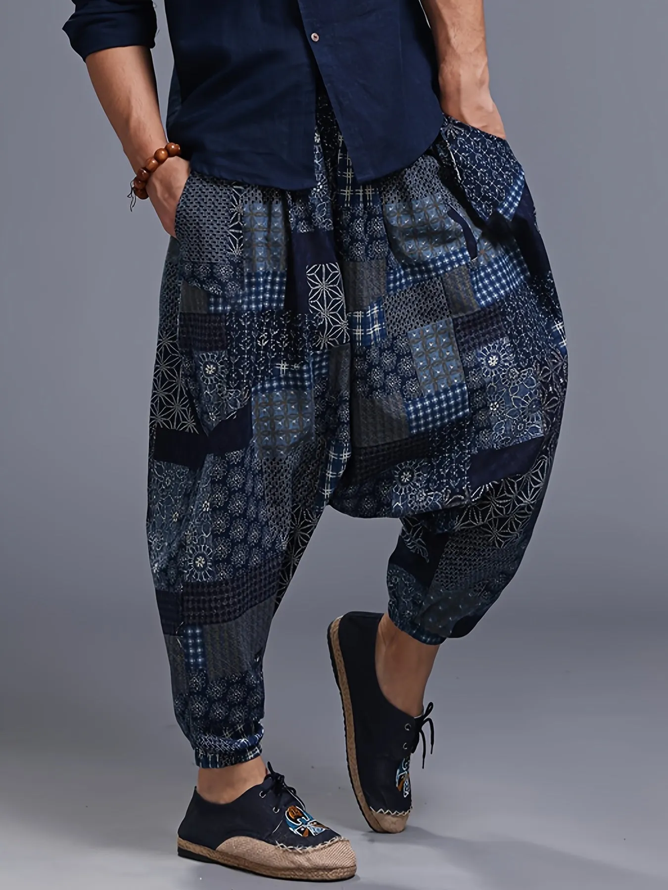 Mens 100% Cotton Casual Pants - Vibrant Fan Print, Comfort-Fit with Pockets for Urban Strolls & Outdoor Fun
