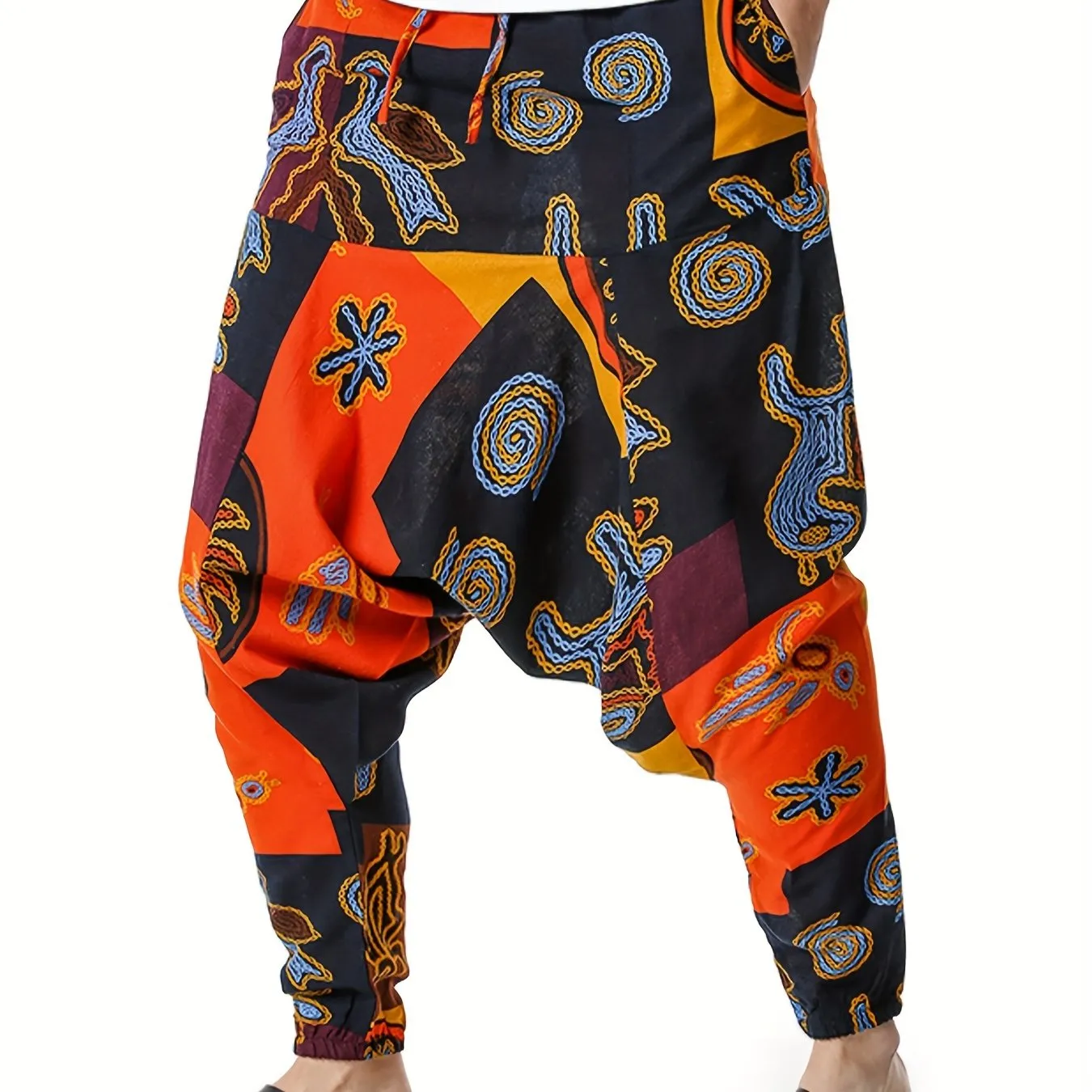 Mens 100% Cotton Casual Pants - Vibrant Fan Print, Comfort-Fit with Pockets for Urban Strolls & Outdoor Fun