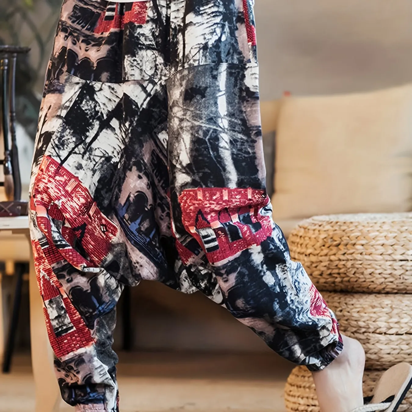 Mens 100% Cotton Casual Pants - Vibrant Fan Print, Comfort-Fit with Pockets for Urban Strolls & Outdoor Fun