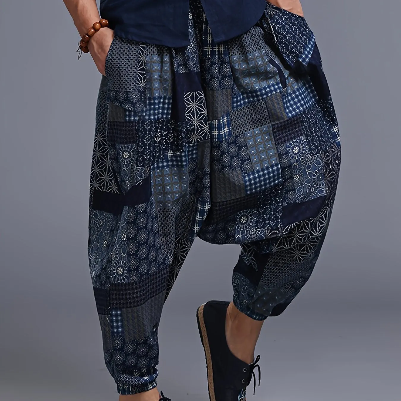 Mens 100% Cotton Casual Pants - Vibrant Fan Print, Comfort-Fit with Pockets for Urban Strolls & Outdoor Fun