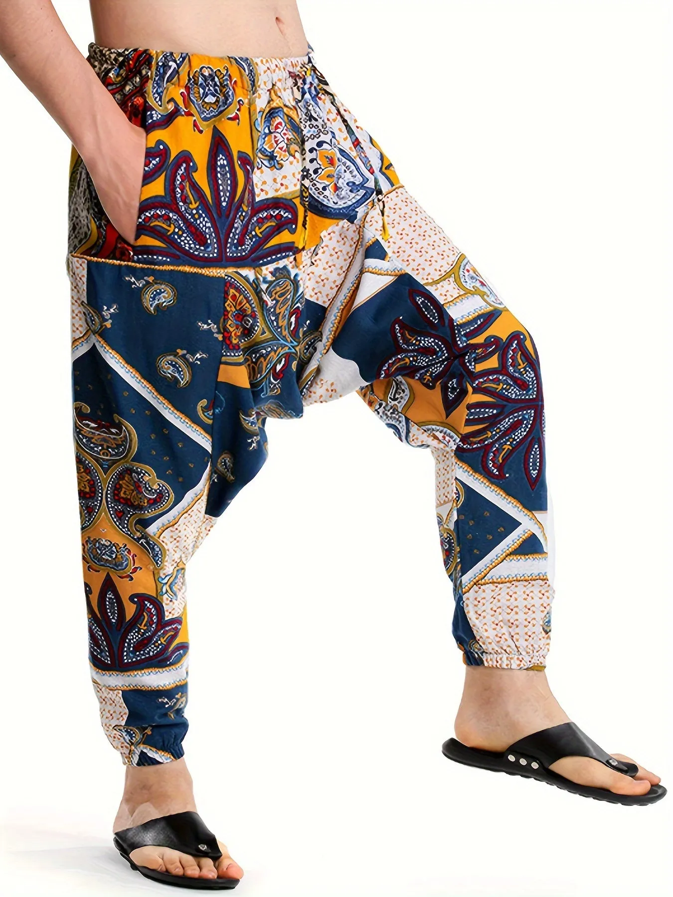Mens 100% Cotton Casual Pants - Vibrant Fan Print, Comfort-Fit with Pockets for Urban Strolls & Outdoor Fun