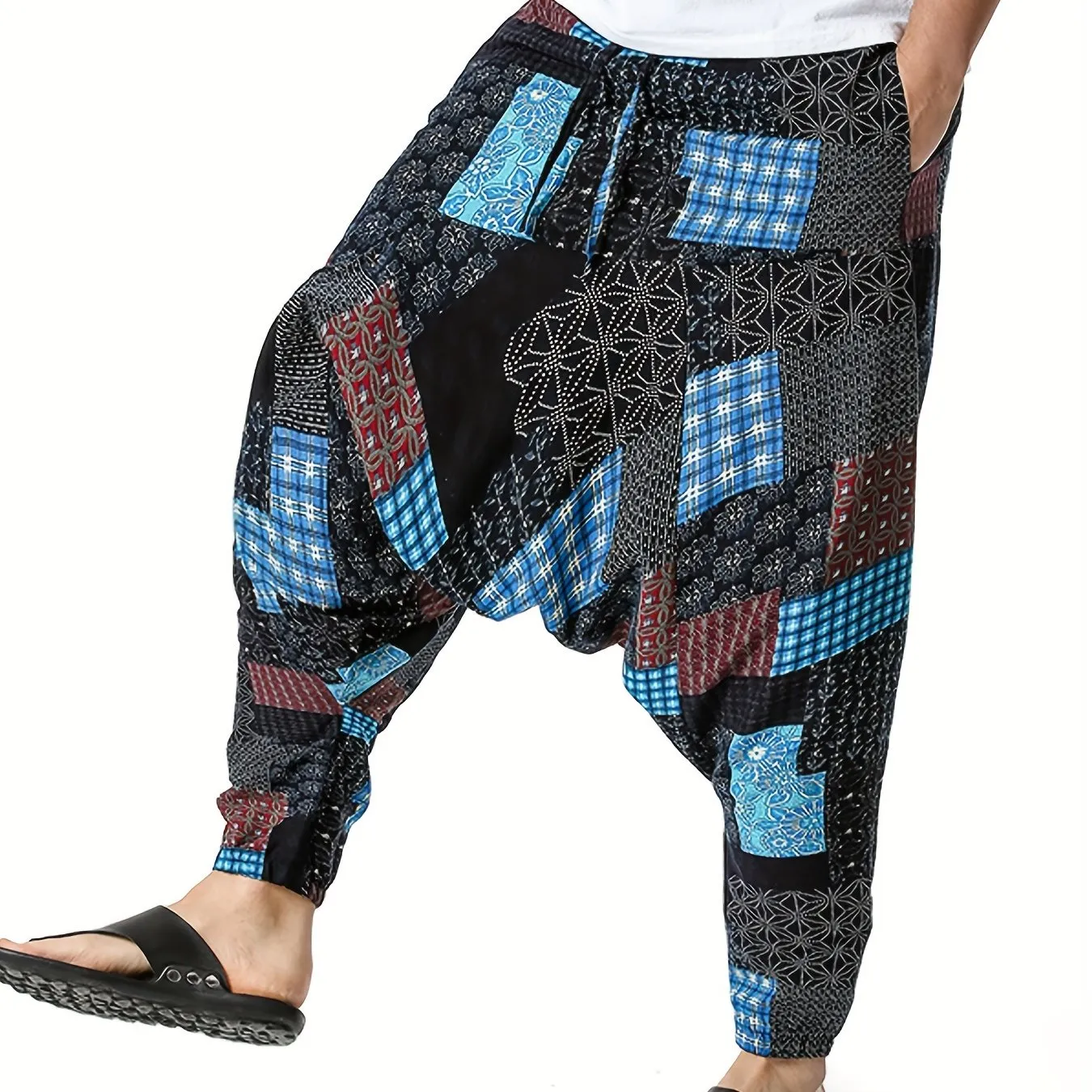 Mens 100% Cotton Casual Pants - Vibrant Fan Print, Comfort-Fit with Pockets for Urban Strolls & Outdoor Fun