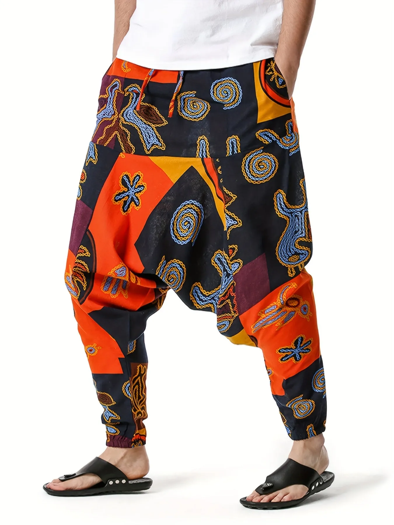 Mens 100% Cotton Casual Pants - Vibrant Fan Print, Comfort-Fit with Pockets for Urban Strolls & Outdoor Fun