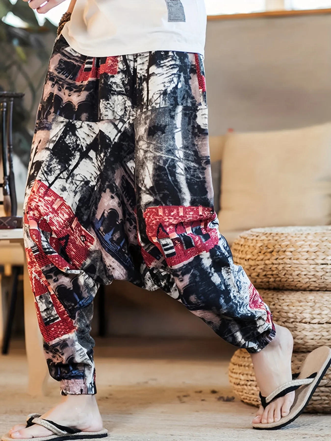 Mens 100% Cotton Casual Pants - Vibrant Fan Print, Comfort-Fit with Pockets for Urban Strolls & Outdoor Fun