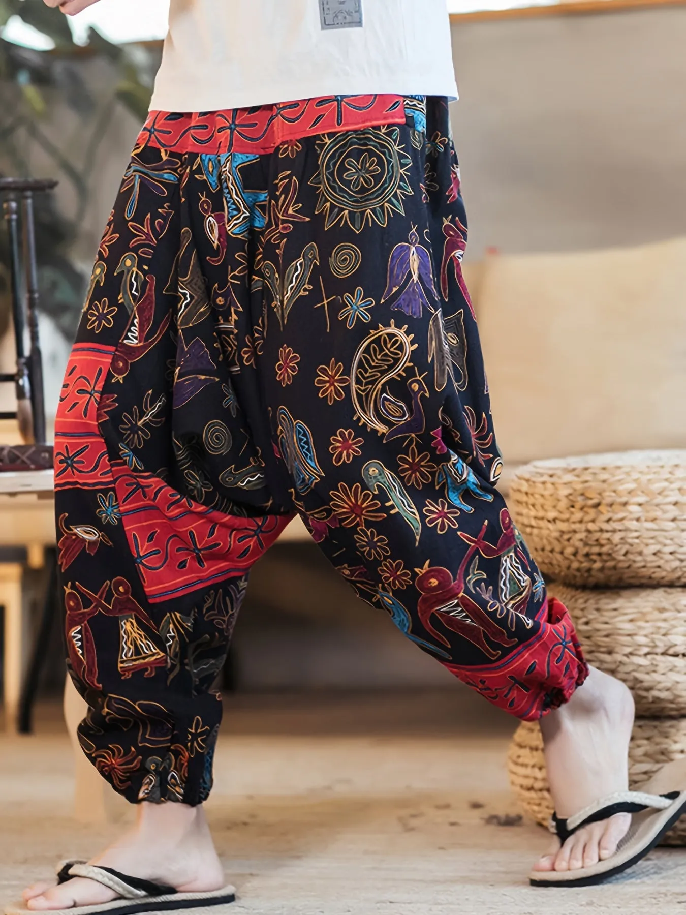 Mens 100% Cotton Casual Pants - Vibrant Fan Print, Comfort-Fit with Pockets for Urban Strolls & Outdoor Fun