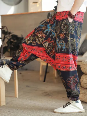 Mens 100% Cotton Casual Pants - Vibrant Fan Print, Comfort-Fit with Pockets for Urban Strolls & Outdoor Fun