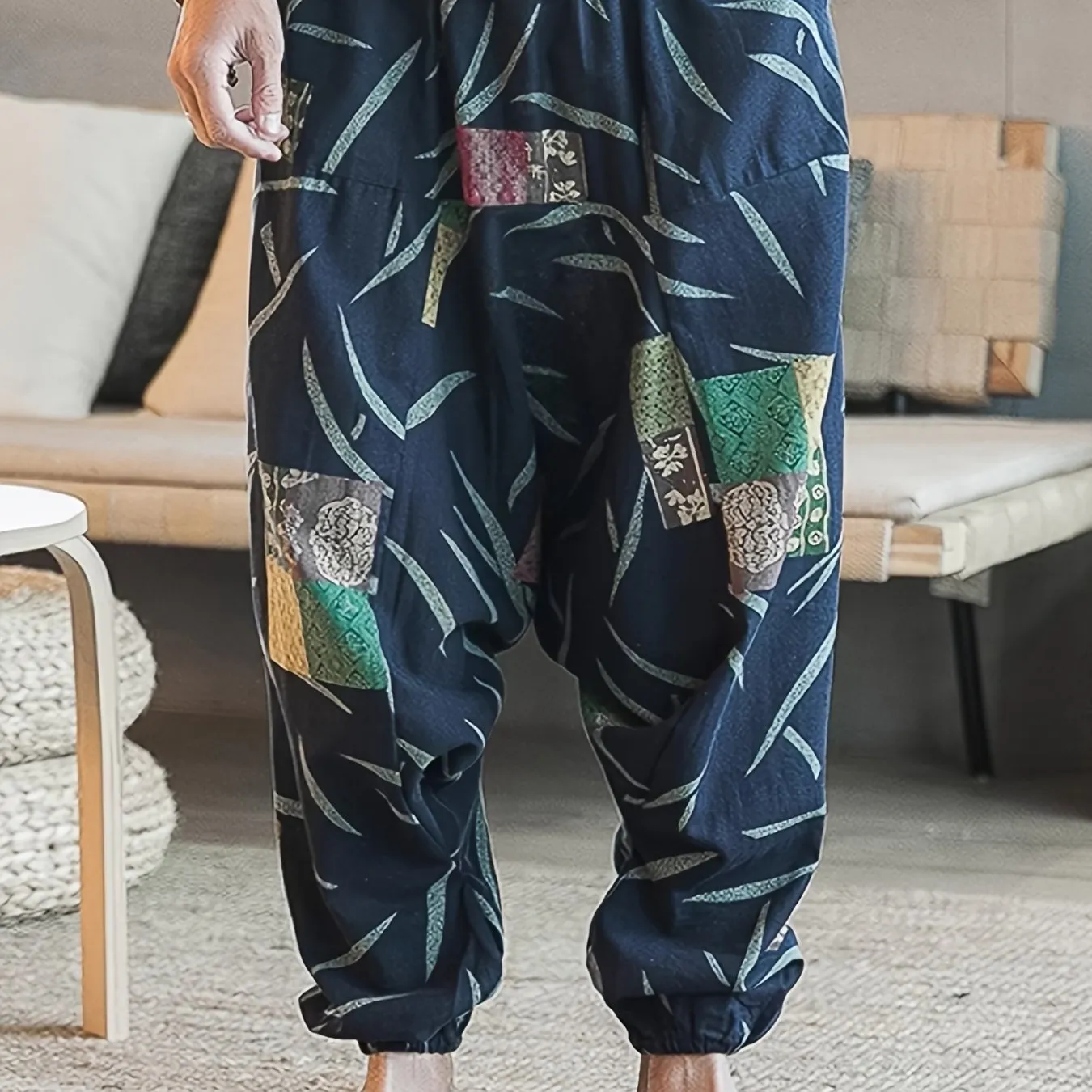 Mens 100% Cotton Casual Pants - Vibrant Fan Print, Comfort-Fit with Pockets for Urban Strolls & Outdoor Fun