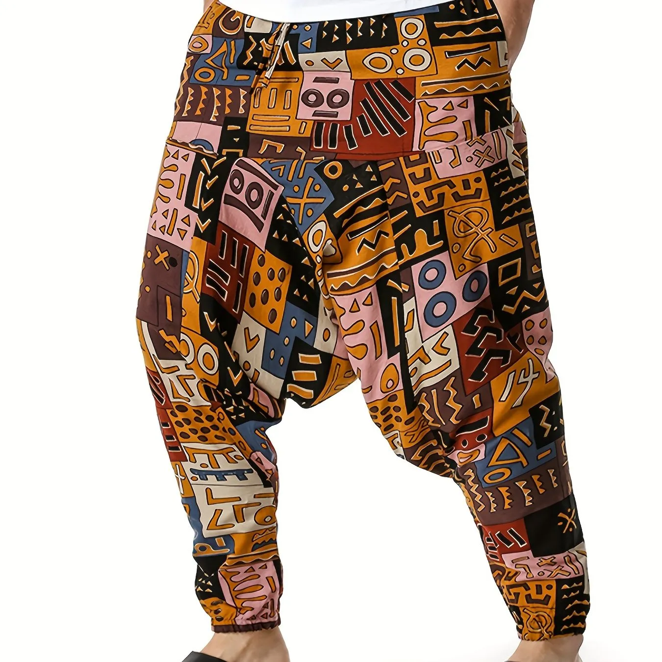 Mens 100% Cotton Casual Pants - Vibrant Fan Print, Comfort-Fit with Pockets for Urban Strolls & Outdoor Fun