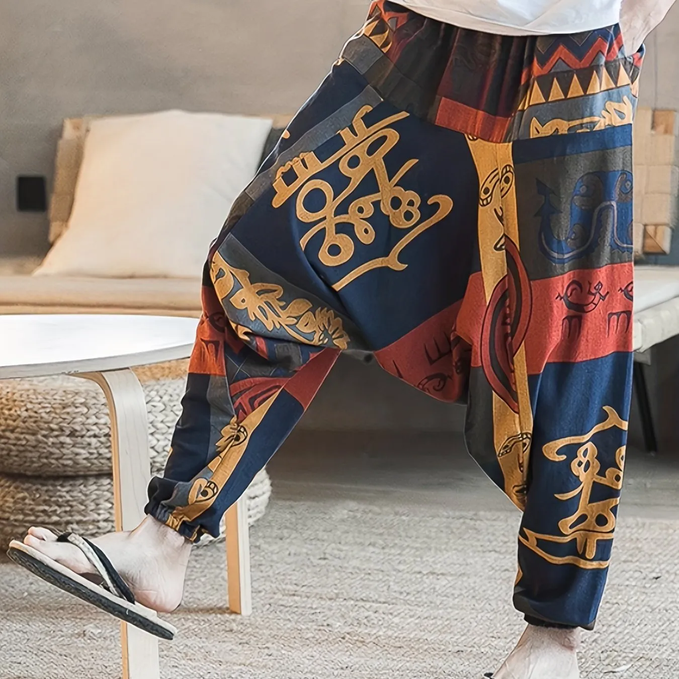 Mens 100% Cotton Casual Pants - Vibrant Fan Print, Comfort-Fit with Pockets for Urban Strolls & Outdoor Fun