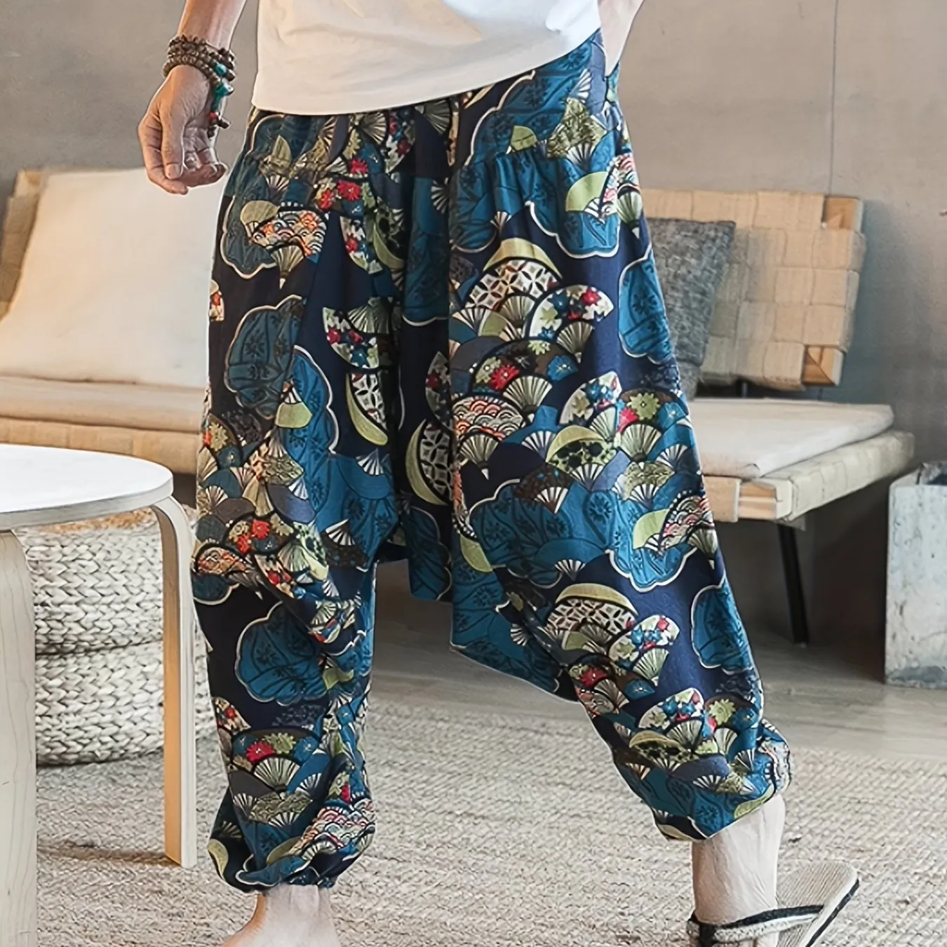 Mens 100% Cotton Casual Pants - Vibrant Fan Print, Comfort-Fit with Pockets for Urban Strolls & Outdoor Fun