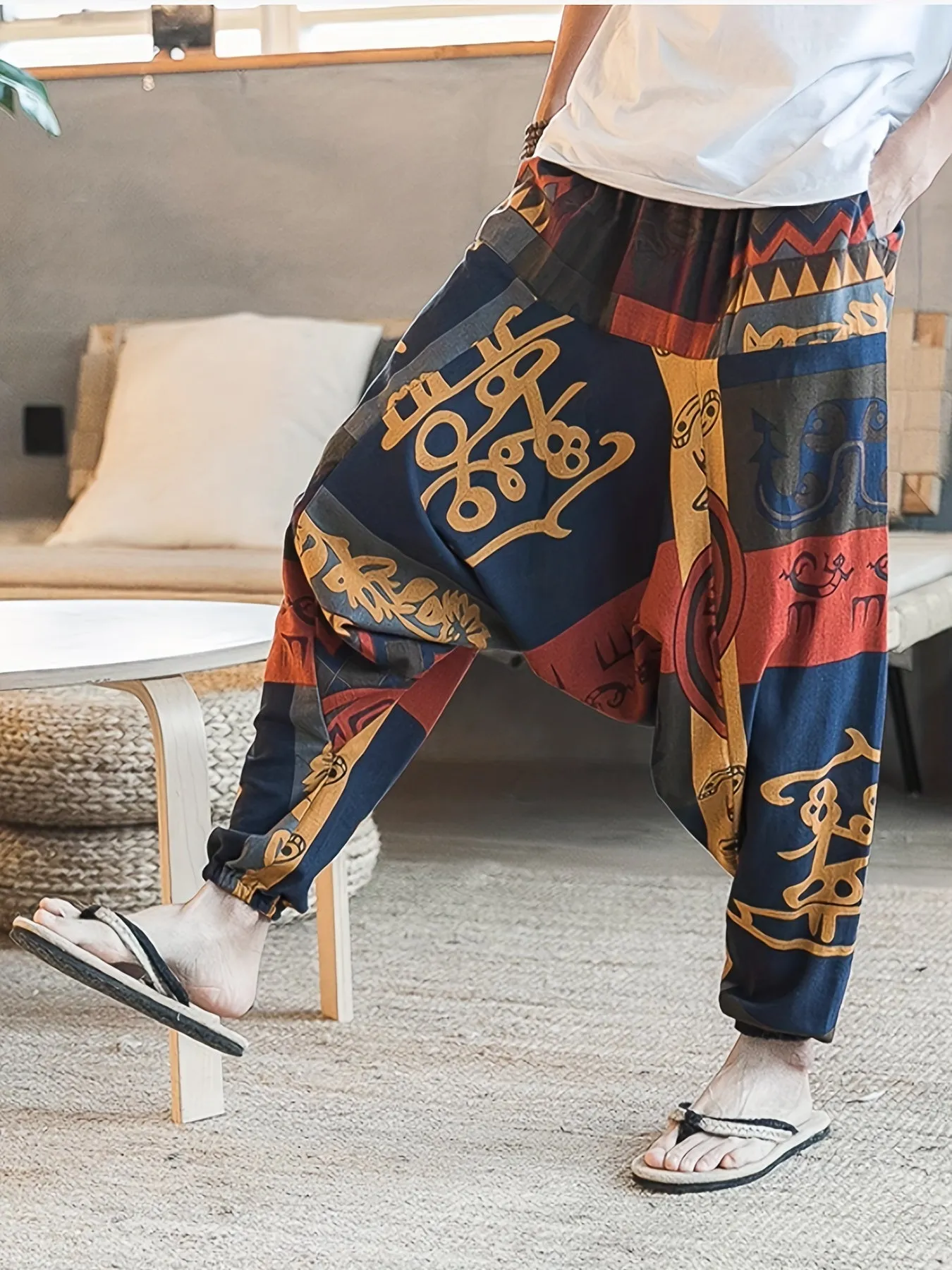 Mens 100% Cotton Casual Pants - Vibrant Fan Print, Comfort-Fit with Pockets for Urban Strolls & Outdoor Fun