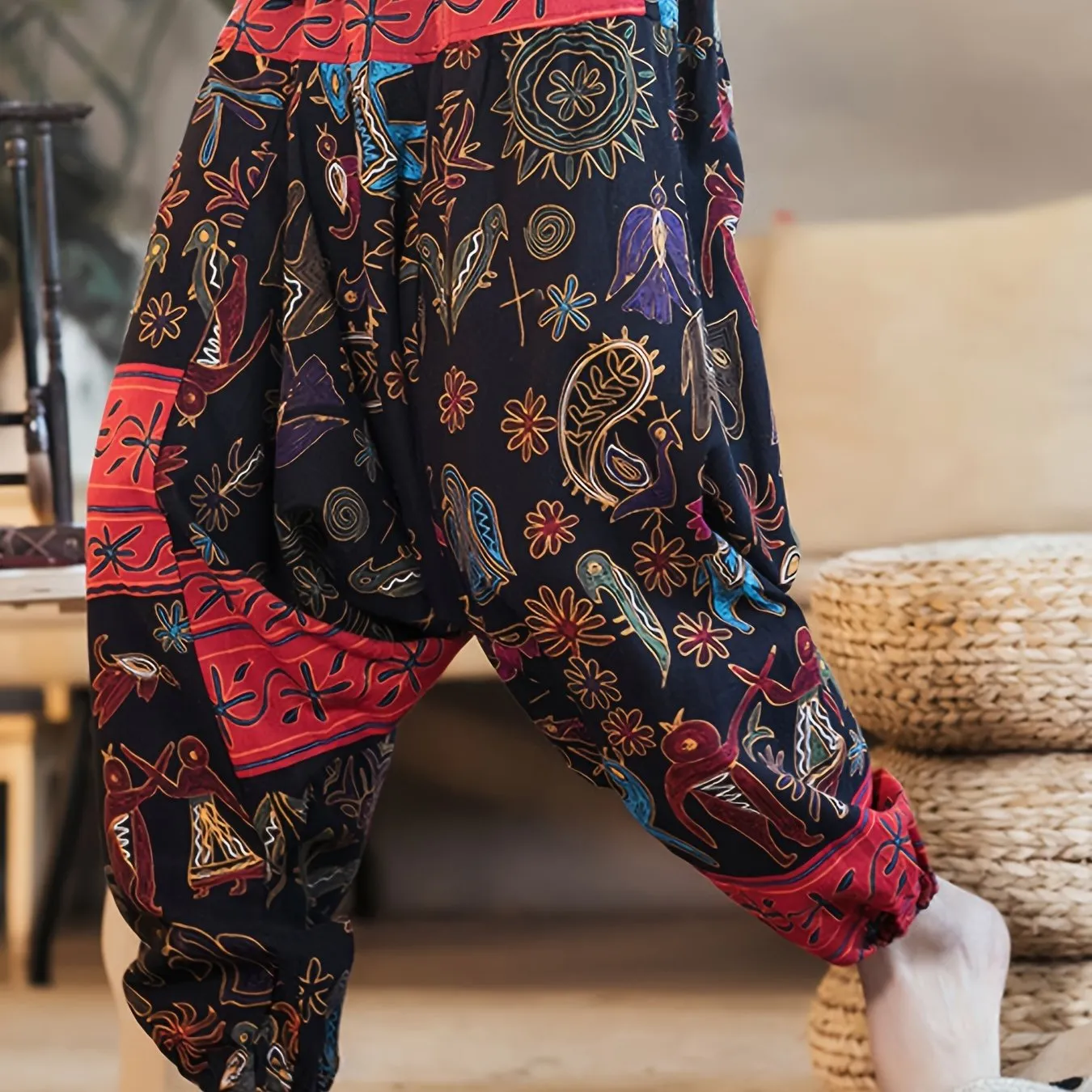 Mens 100% Cotton Casual Pants - Vibrant Fan Print, Comfort-Fit with Pockets for Urban Strolls & Outdoor Fun