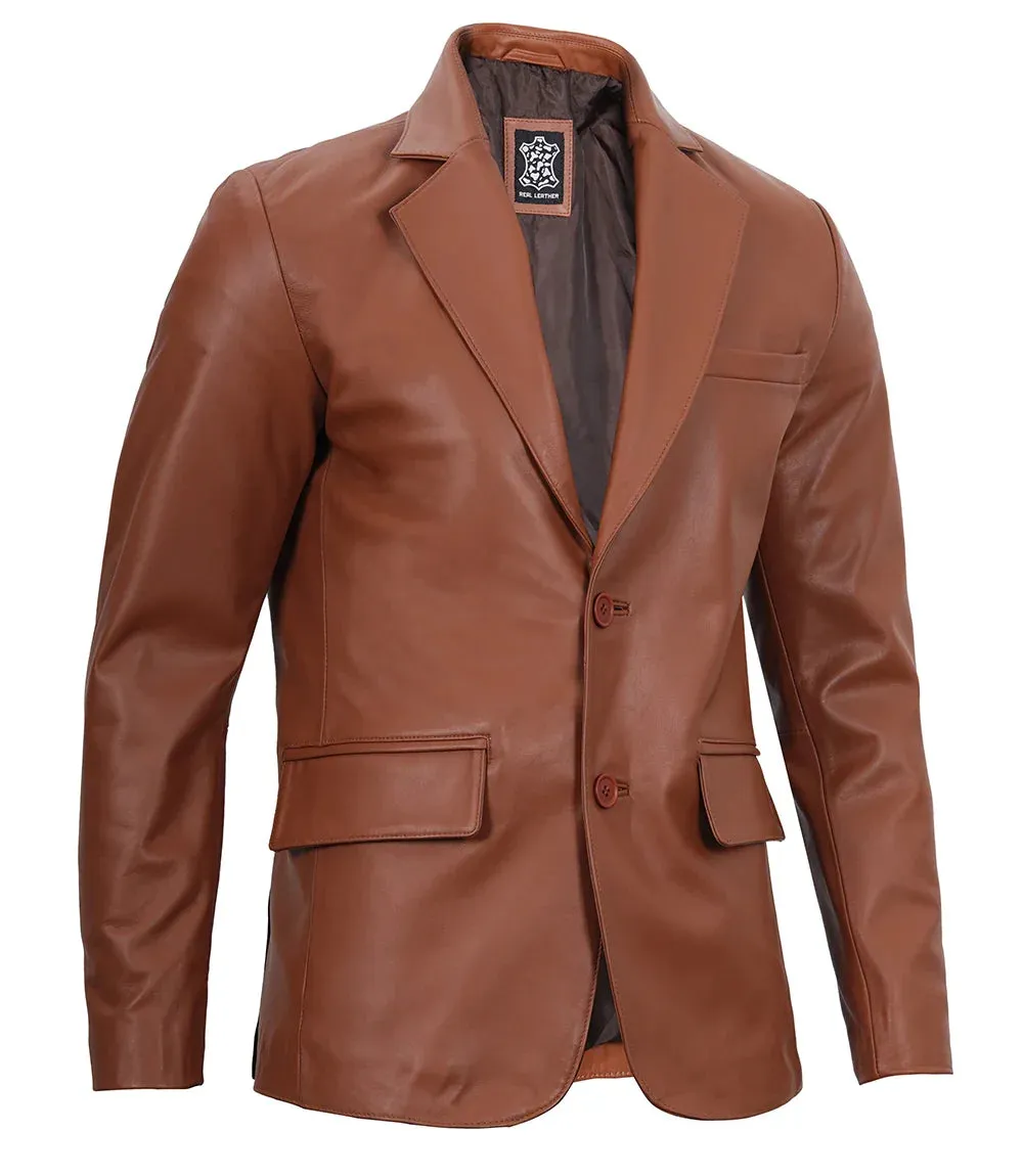 Mens Cognac Brown Real Leather Blazer