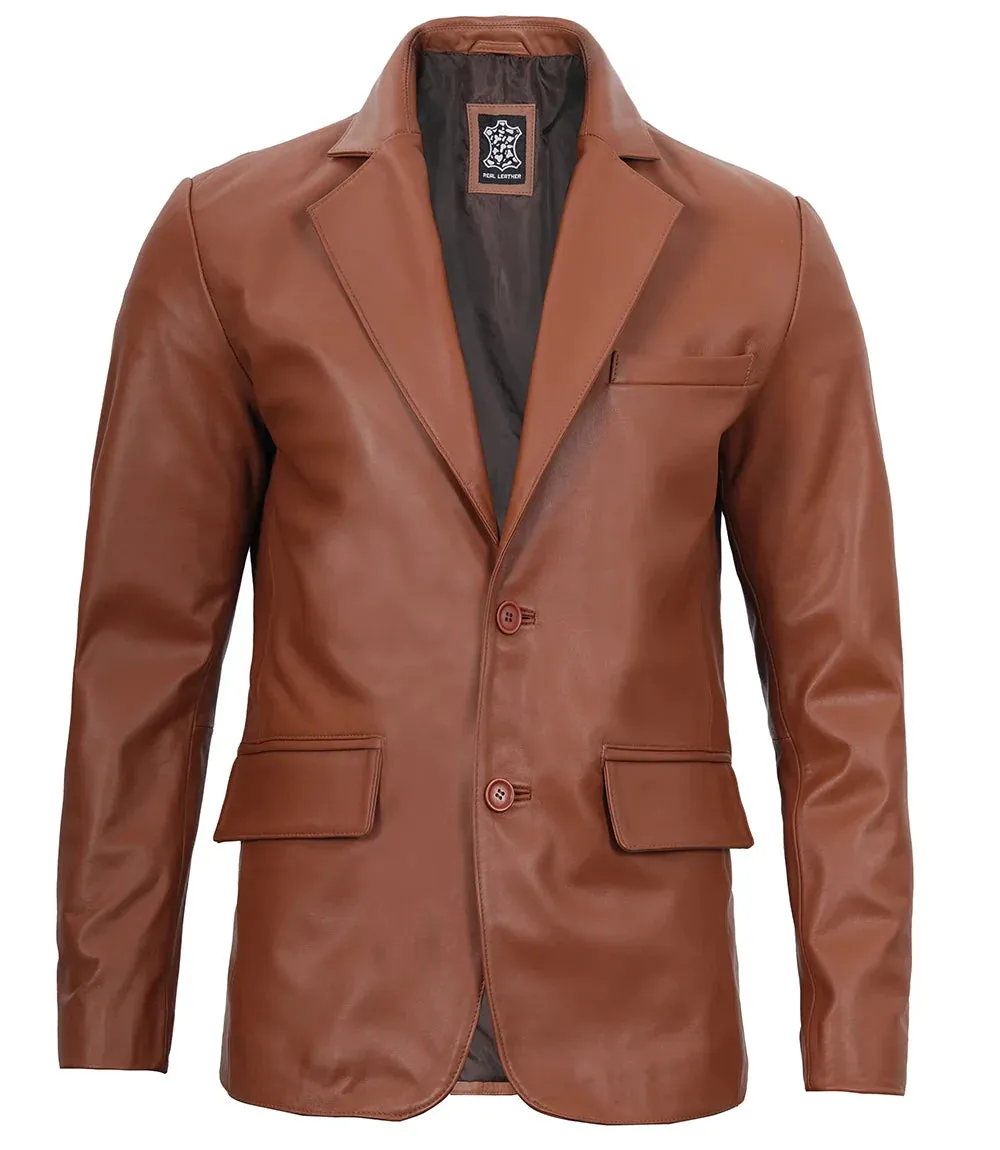 Mens Cognac Brown Real Leather Blazer