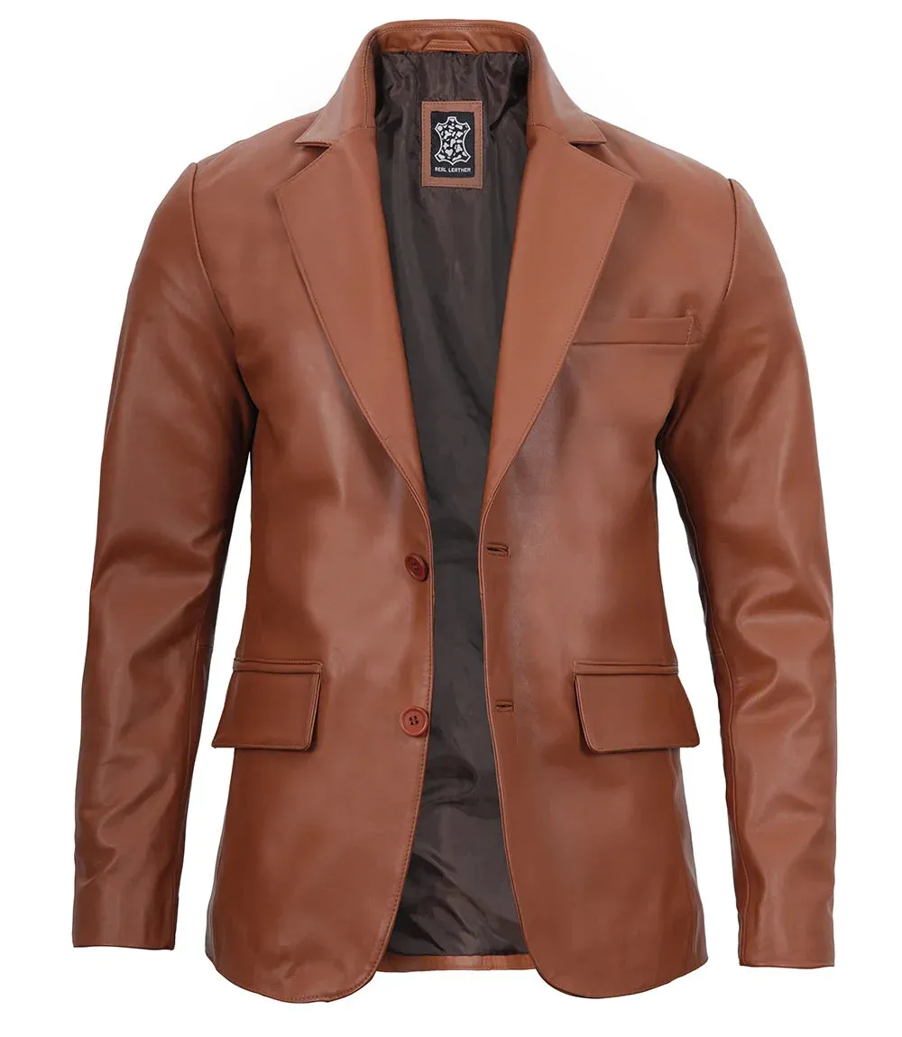 Mens Cognac Brown Real Leather Blazer