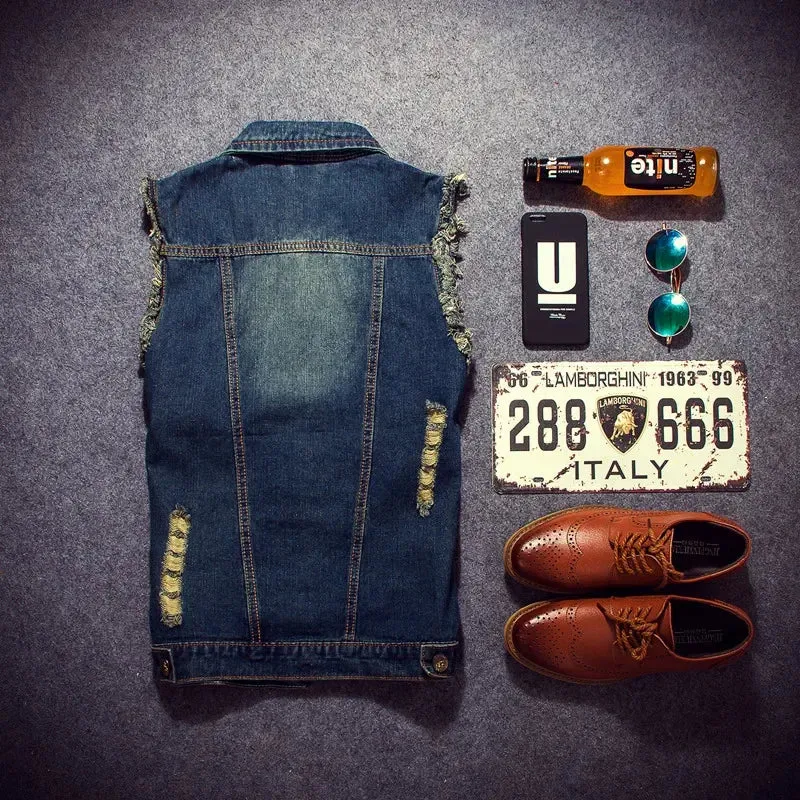 Men's Denim Vest Ripped Jean Plus Size 5XL Denim Vest Jacket Coats Waistcoat Men Sleeveless Jacket Male Tank