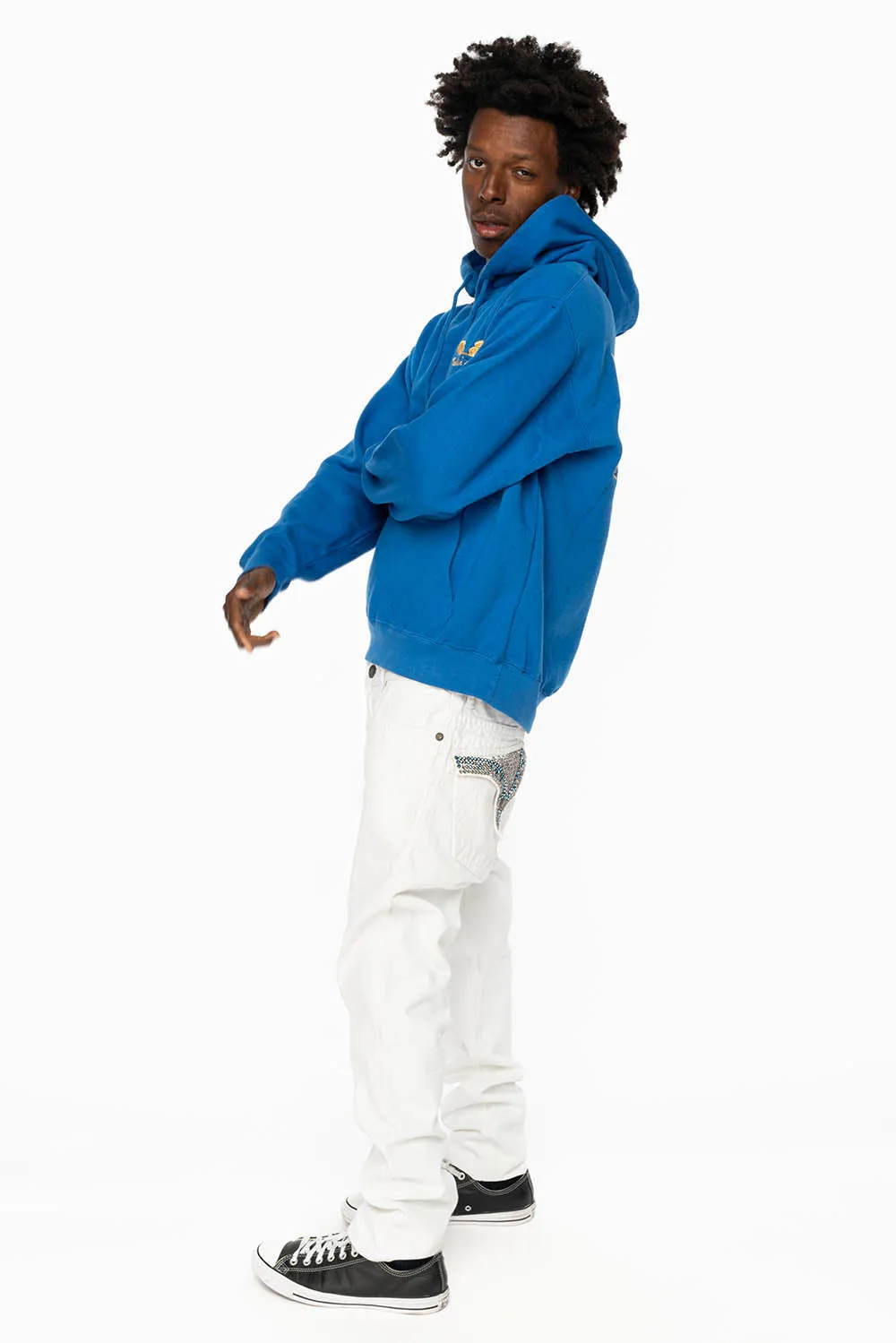 MENS LONG FLAP SLIM JEANS WITH FULL CLEAR  & SAPPHIRE CRYSTALS IN PURE WHITE DNM
