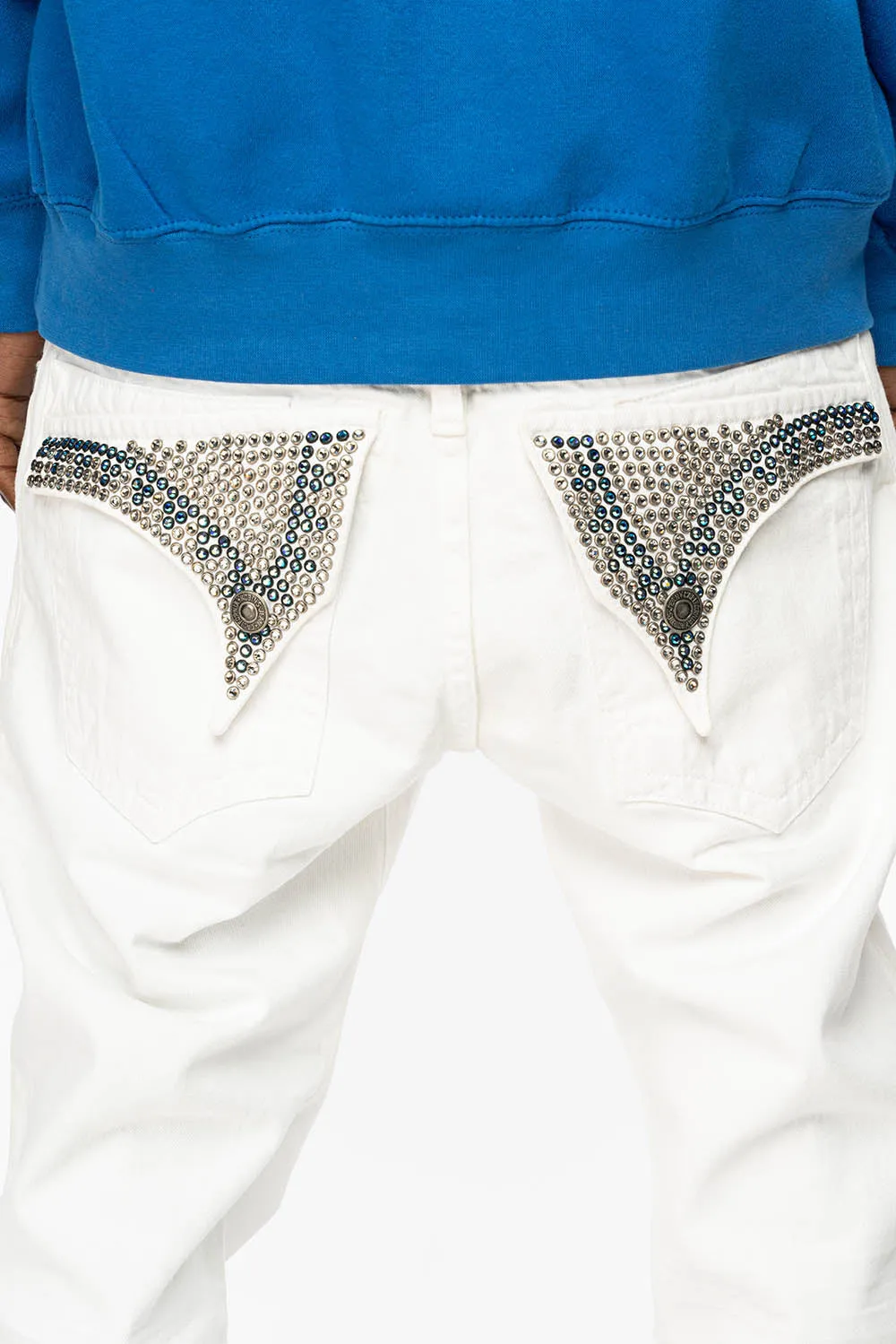 MENS LONG FLAP SLIM JEANS WITH FULL CLEAR  & SAPPHIRE CRYSTALS IN PURE WHITE DNM