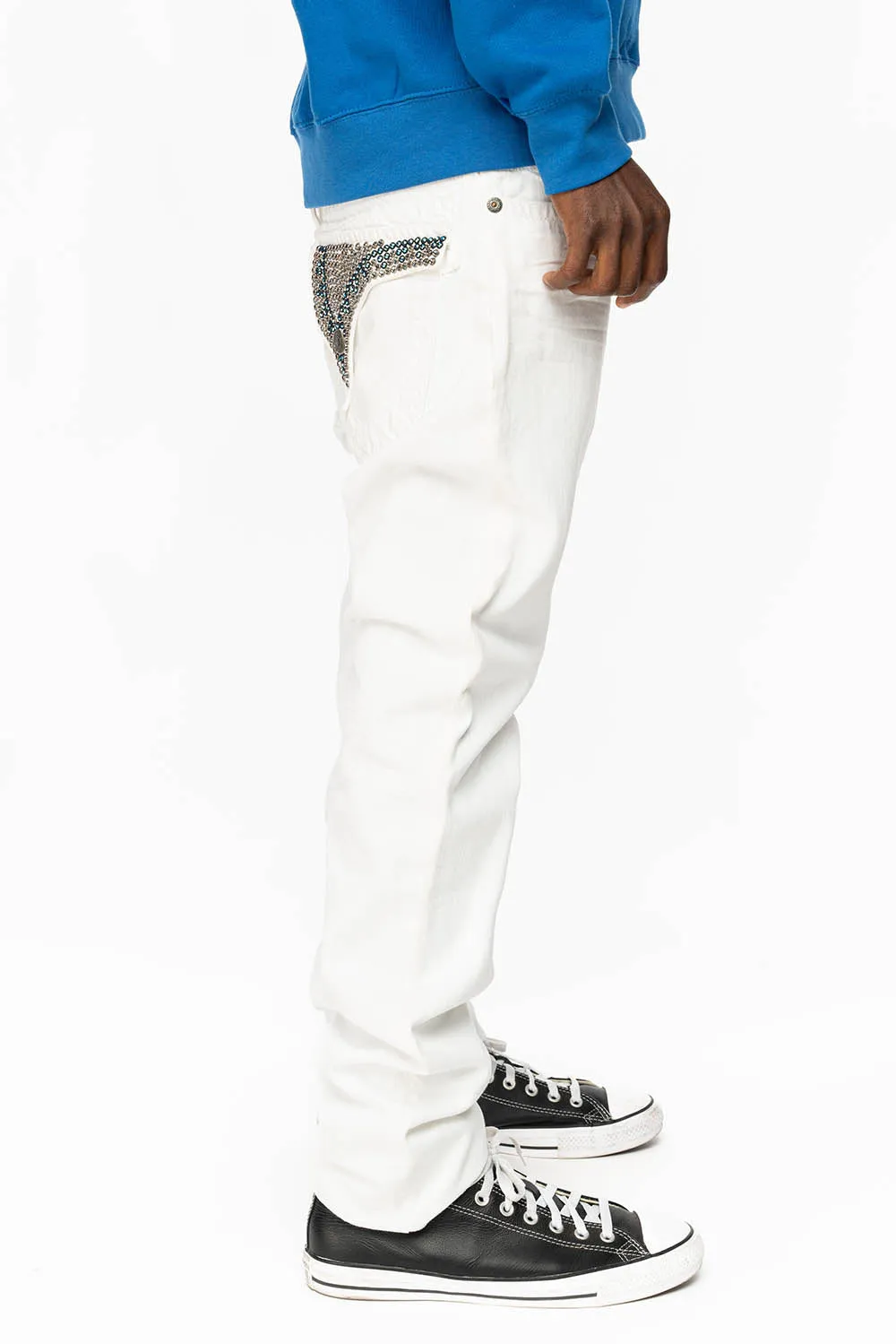 MENS LONG FLAP SLIM JEANS WITH FULL CLEAR  & SAPPHIRE CRYSTALS IN PURE WHITE DNM