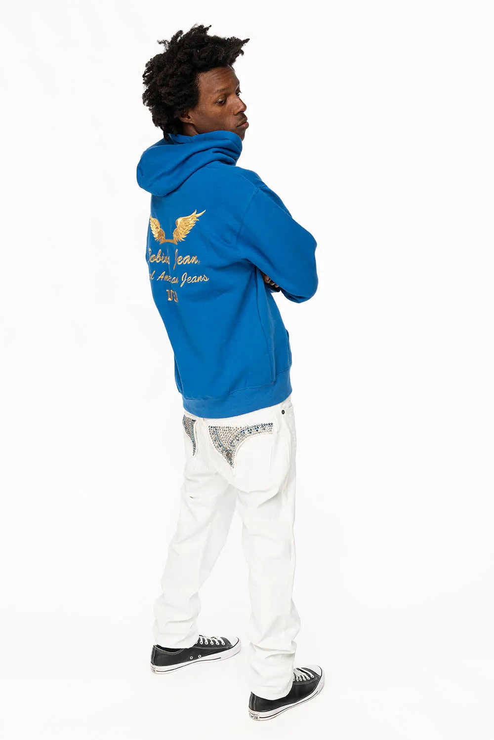 MENS LONG FLAP SLIM JEANS WITH FULL CLEAR  & SAPPHIRE CRYSTALS IN PURE WHITE DNM