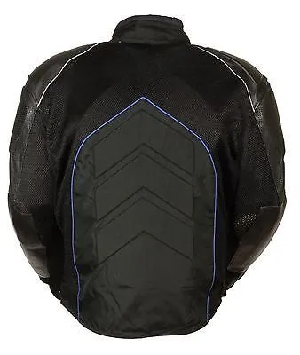 MEN'S MOTORCYCLE BLUE COMBO LEATHER/TEXTILE MESH RACER JACKET W/ARMOUR INSIDE