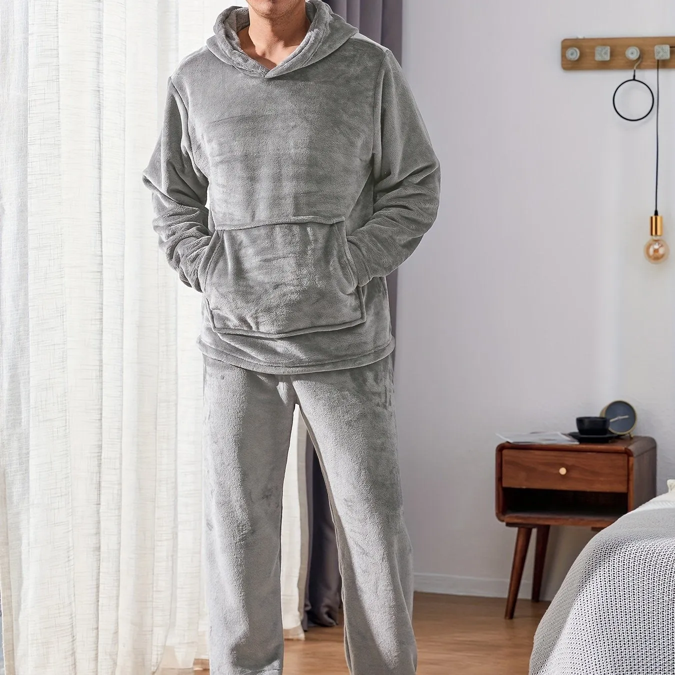 Men's Warm Cozy Fluffy Flannel Fleece Hooded Pajamas Set, Warm Fleece Pajamas With Fluffy Hood For Fall And Winter