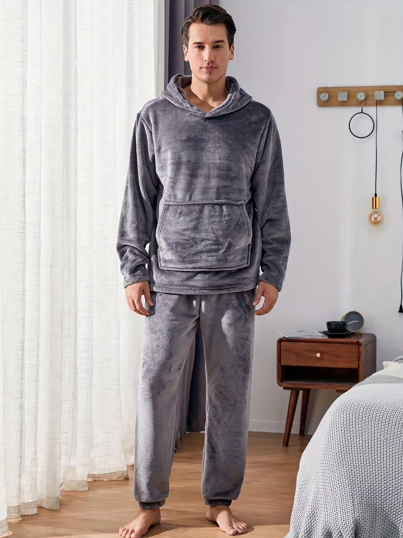 Men's Warm Cozy Fluffy Flannel Fleece Hooded Pajamas Set, Warm Fleece Pajamas With Fluffy Hood For Fall And Winter