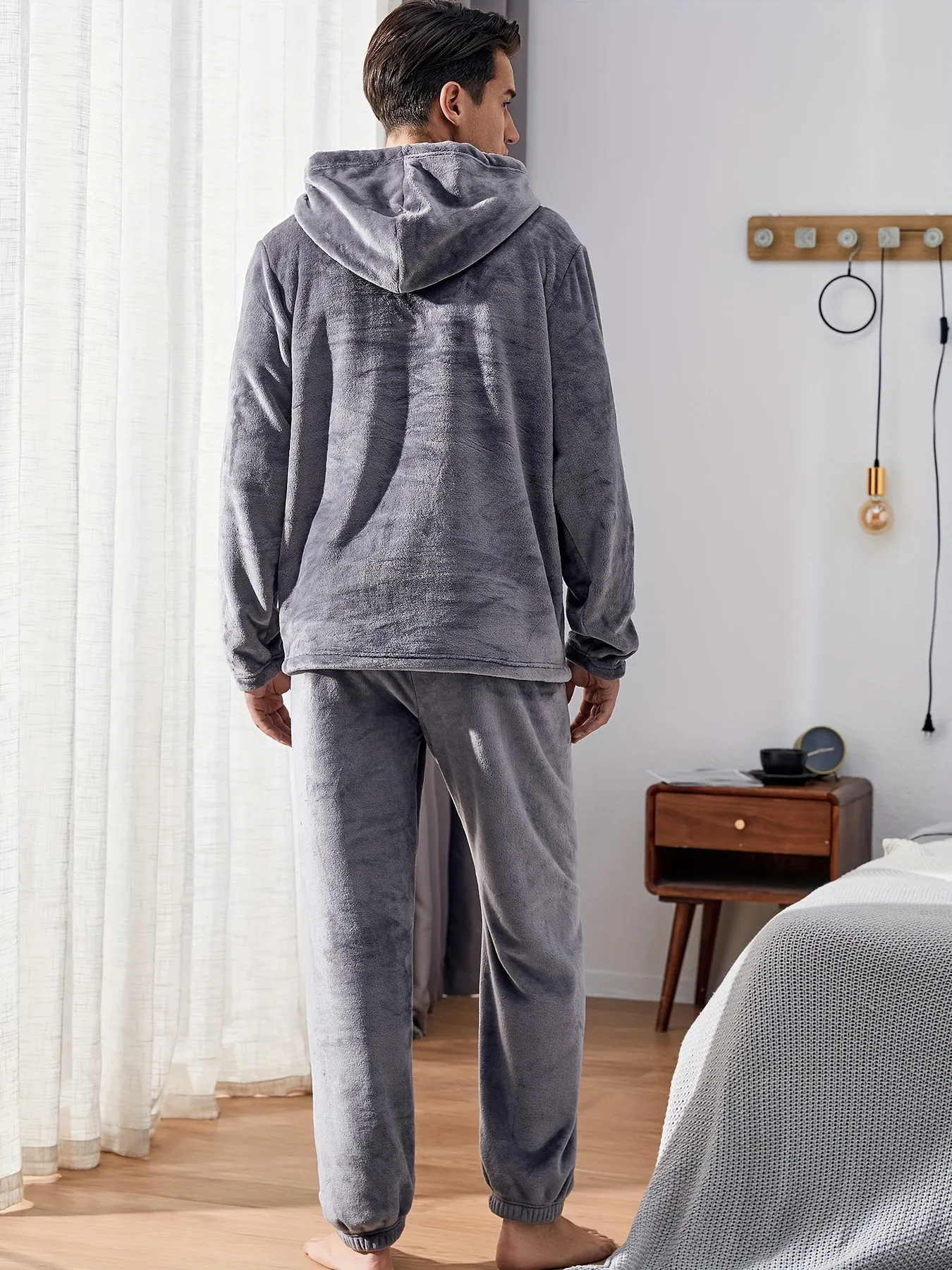 Men's Warm Cozy Fluffy Flannel Fleece Hooded Pajamas Set, Warm Fleece Pajamas With Fluffy Hood For Fall And Winter