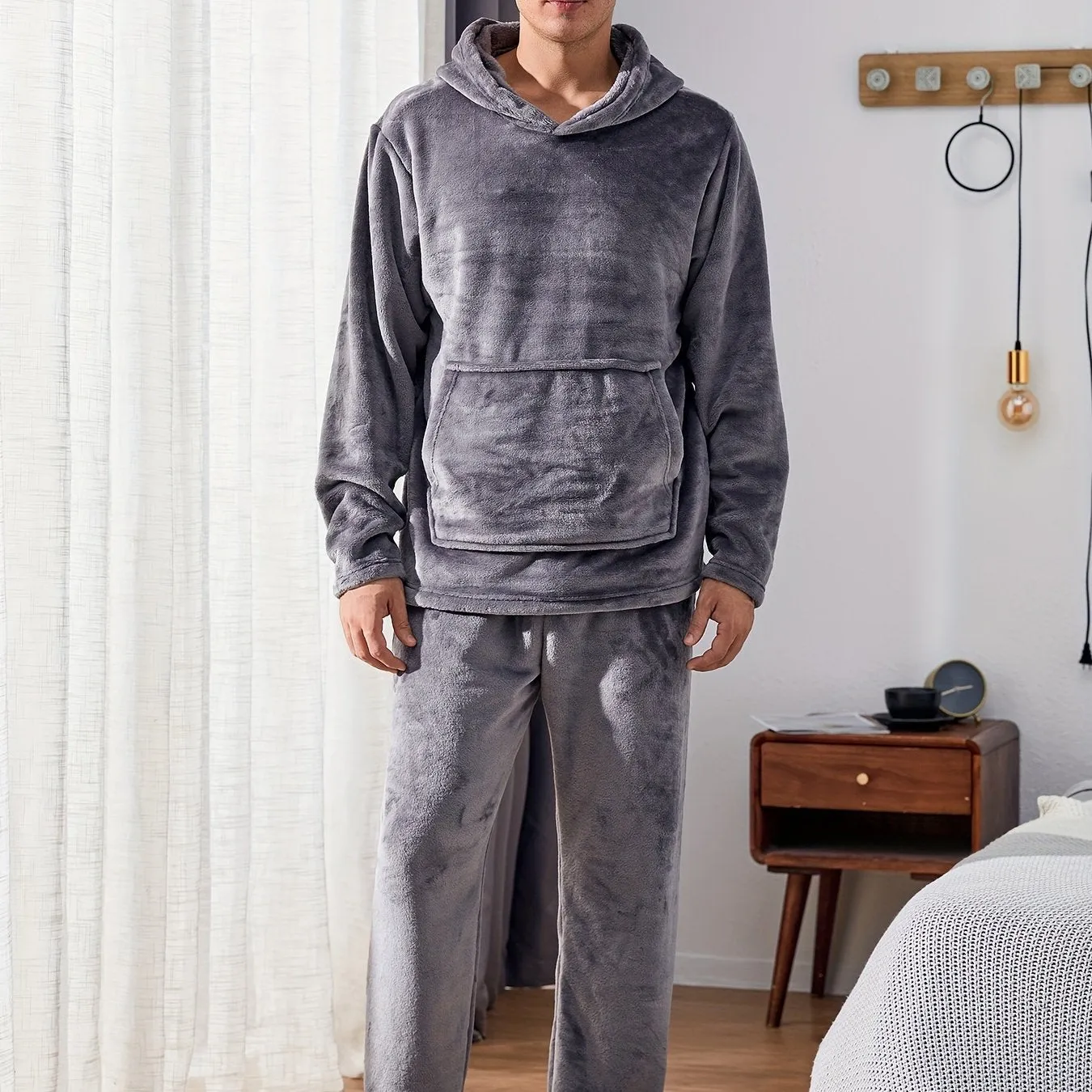 Men's Warm Cozy Fluffy Flannel Fleece Hooded Pajamas Set, Warm Fleece Pajamas With Fluffy Hood For Fall And Winter